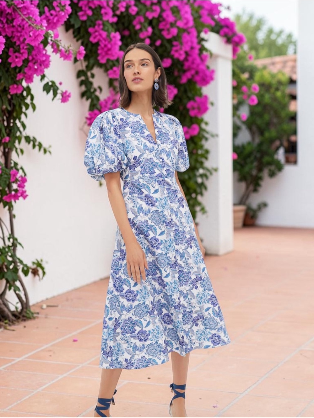 Tuckernuck Hyacinth House Floral Steel Blue Puff-Sleeve Brody Midi Dress NWT